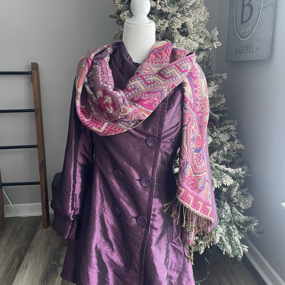 Vintage 100% Cashmere Scarf Paisley Geometric Fringe Wrap Purple Pink Gold 28x72